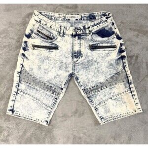 Akademiks Jeanius Mens Jean Shorts 32 Acid Wash Biker Moto Zip Distressed Denim